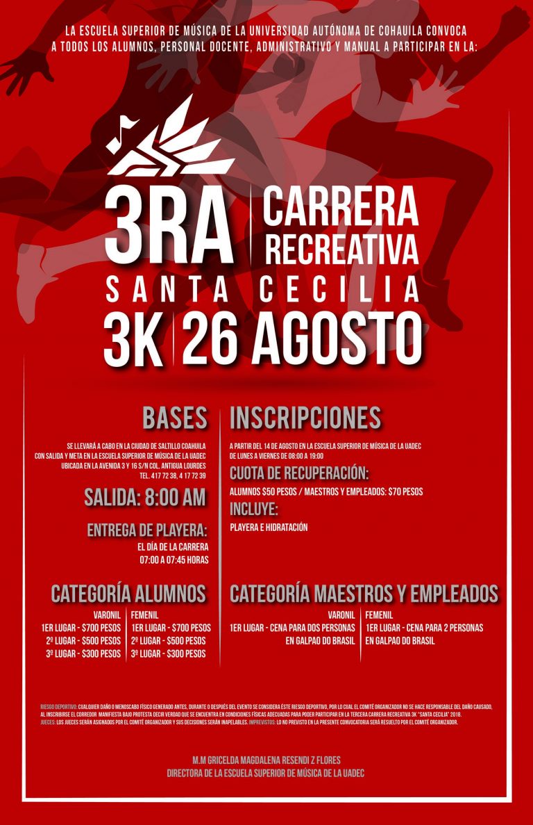 Celebrará Escuela Superior de Música Tercera Edición de la Carrera Recreativa “Santa Cecilia 3K”