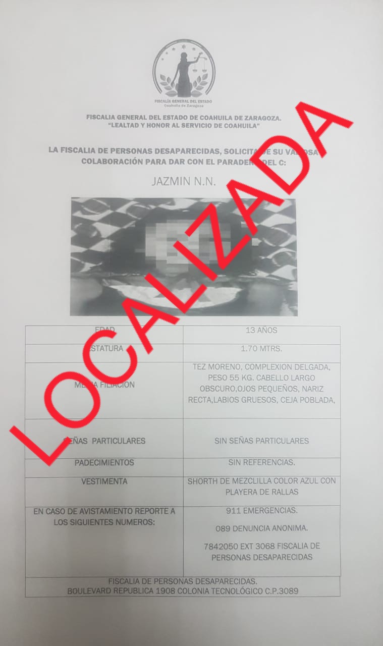 Localiza FGE a menor reportada como no localizada en Piedras Negras