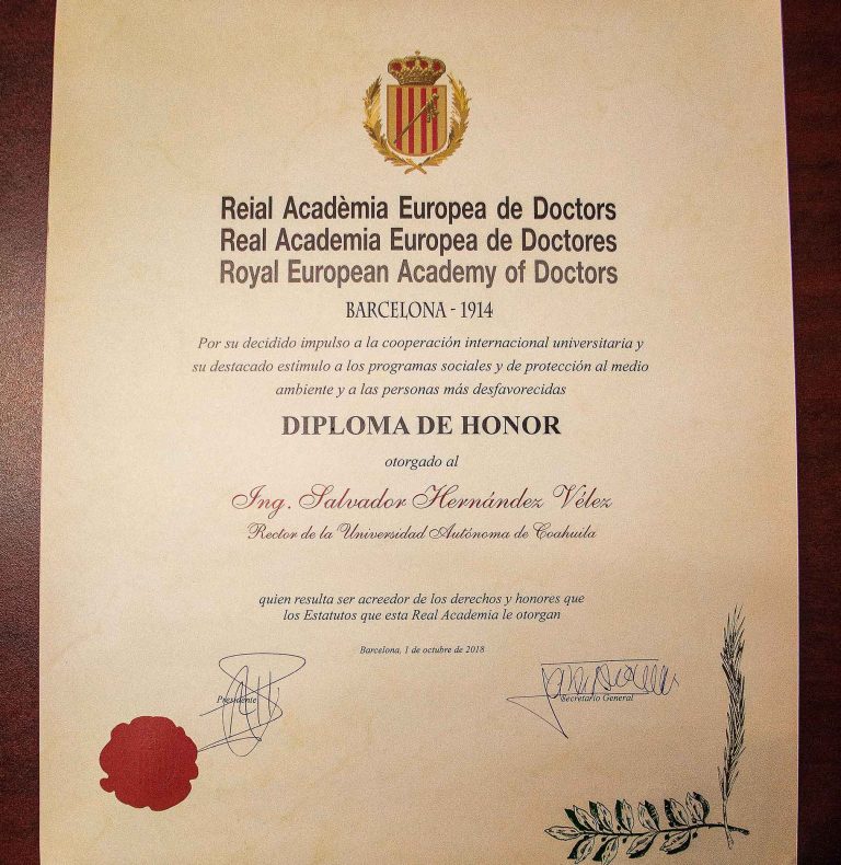 Recibe UA de C Medalla y Diploma de Honor por la Real Academia Europea de Doctores-Barcelona 1914