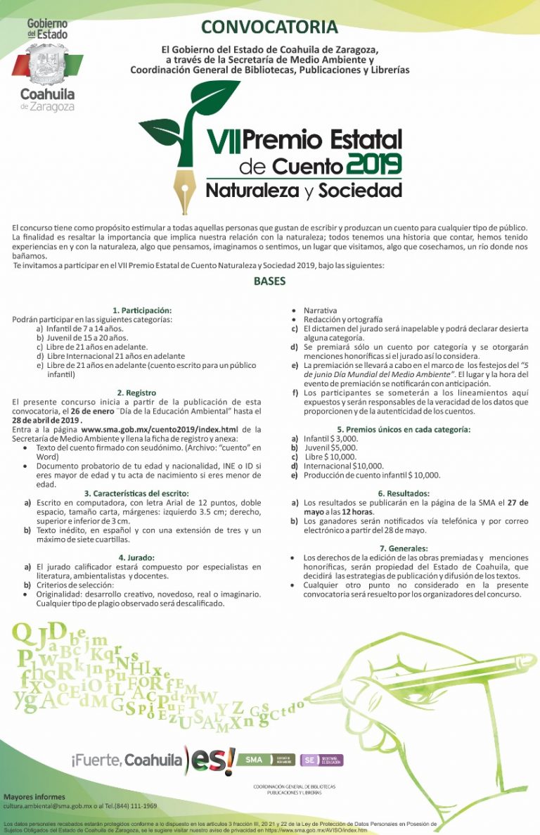 Abierta en Coahuila la convocatoria del VII Premio Estatal de Cuento 2019, “Naturaleza y Sociedad”