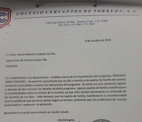 Padres de familia del Colegio Cervantes se negaron en octubre a aplicar Operación Mochila