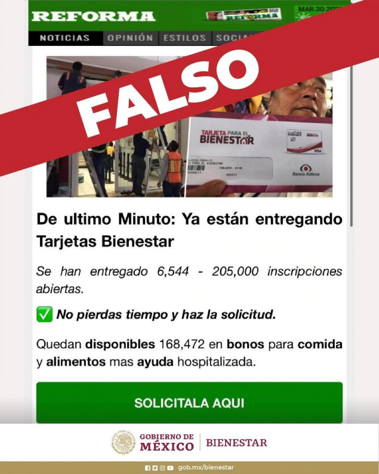 Falso que «Tarjeta para el Bienestar» pueda tramitarse vía internet