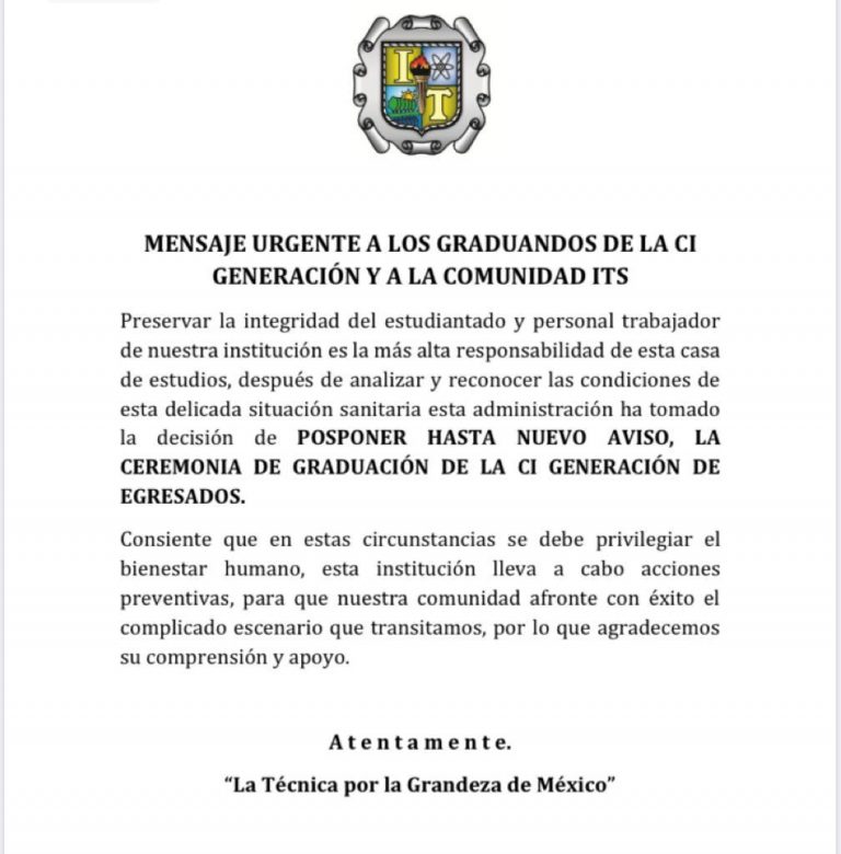 Suspenden graduación del Tec Saltillo por coronavirus