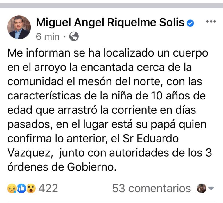 Confirma gobernador Miguel Ángel Riquelme que ya localizaron el cuerpo de Lluvia