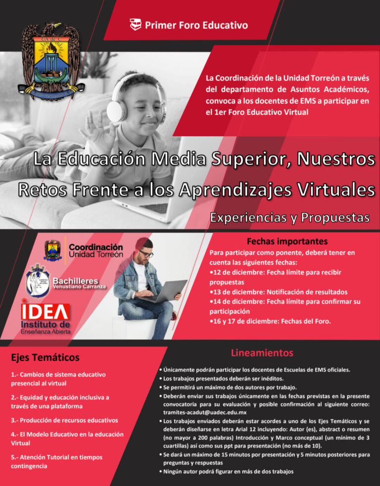 Convoca Coordinación Unidad Torreón al primer foro educativo virtual sobre los retos de aprendizaje en la educación media superior