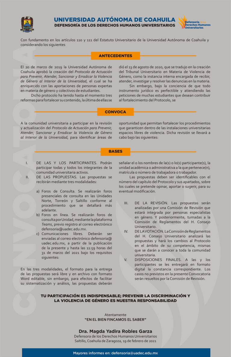 Convoca UA de C a la comunidad universitaria a participar en la revisión y actualización del protocolo de actuación para prevenir, atender, sancionar y erradicar la violencia de género 