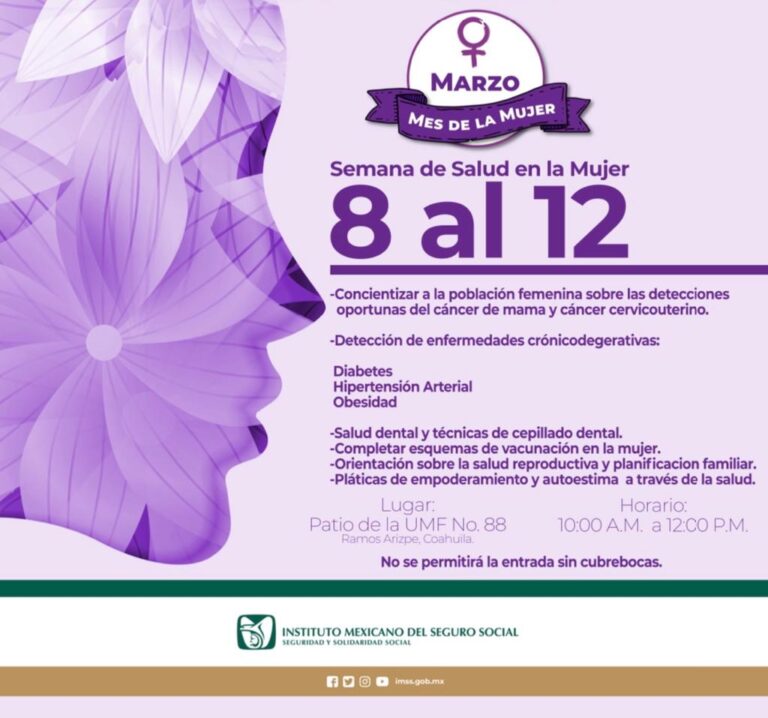 Invita IMSS Coahuila a semana de salud de la mujer