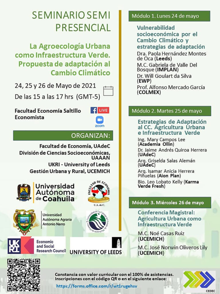 Invita UA de C al seminario semipresencial “La Agroecología Urbana como Infraestructura Verde, Propuesta de Adaptación al Cambio Climático”