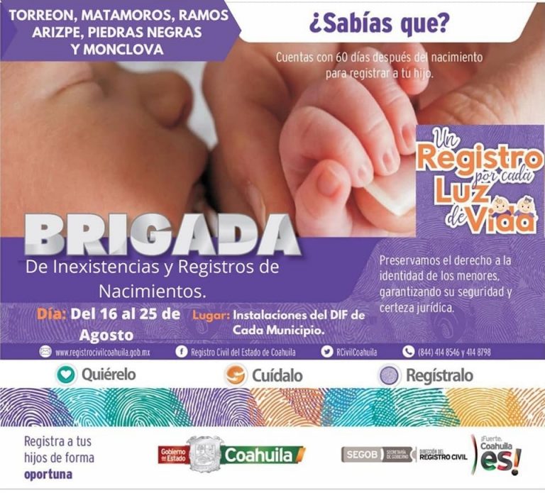 Invita Registro Civil Coahuila a las brigadas virtuales de inscripción de nacimiento