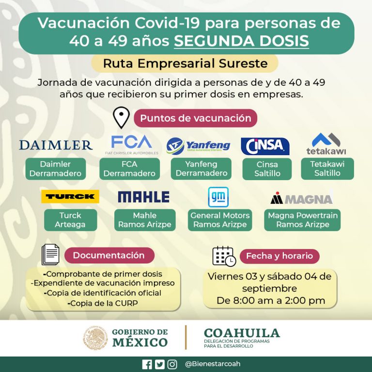 Comienza este viernes vacunación de segunda dosis en empresas de la Región Sureste