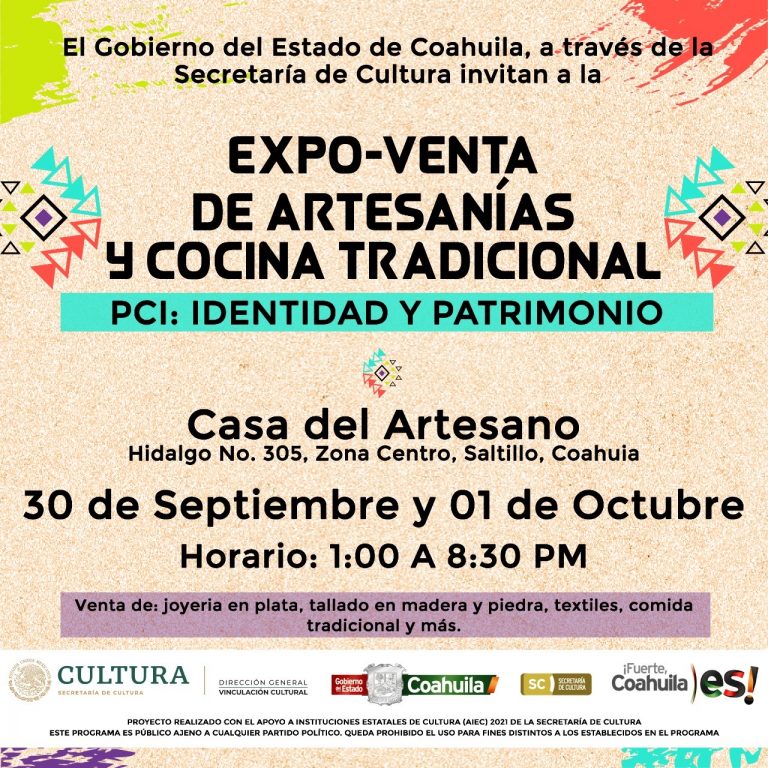 Cultura Coahuila invita a la expo-venta de artesanías y cocina tradicional