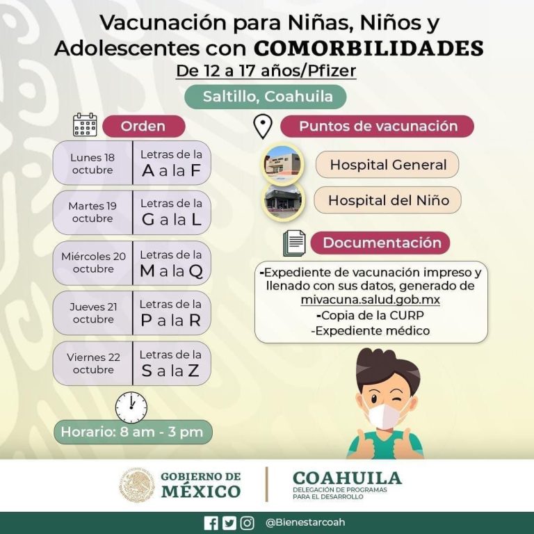 Este lunes inicia en Saltillo vacunación anticovid a menores con comorbilidades 