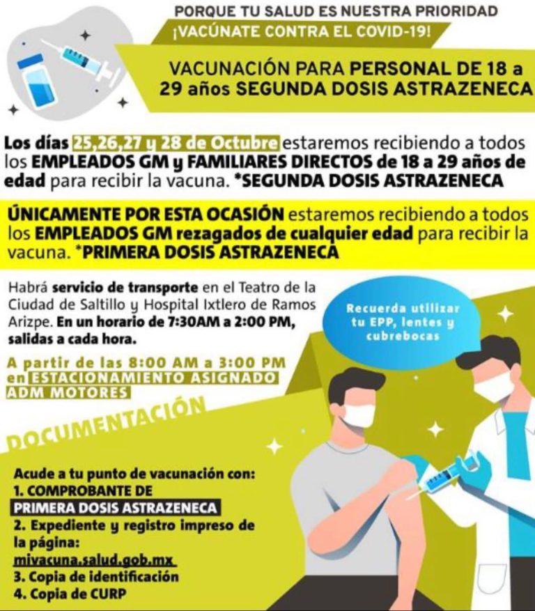 Aplicarán segunda dosis antiCovid a empleados de GM y familiares mayores de 18