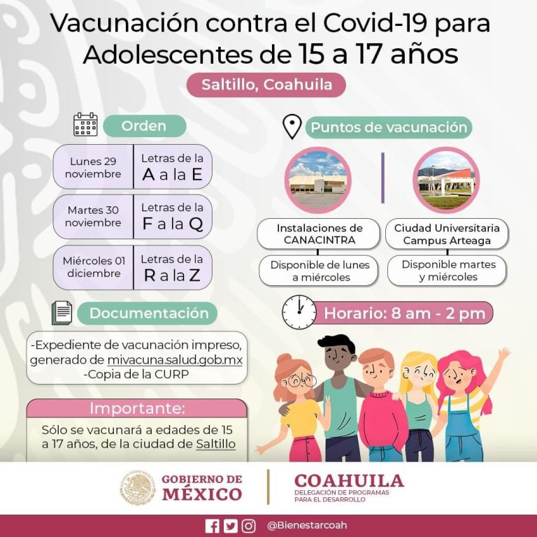 Vacunarán contra Covid a partir de este lunes a adolescentes de 15-17 años en Saltillo