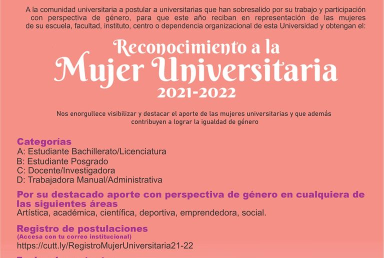 Convoca UA de C a postular a mujeres destacadas en acciones con perspectiva de género para el “Reconocimiento a la Mujer Universitaria 2021-2022”