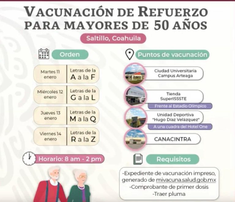 Inicia este martes vacunación de refuerzo para mayores de 50 años en Saltillo