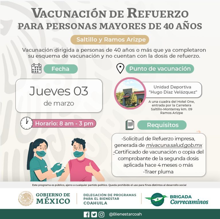 Aplicarán este jueves vacunas de refuerzo a mayores de 40 años de Saltillo y Ramos