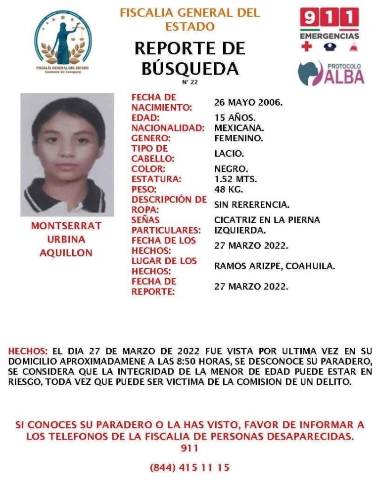 Buscan a menor desaparecida en Ramos Arizpe