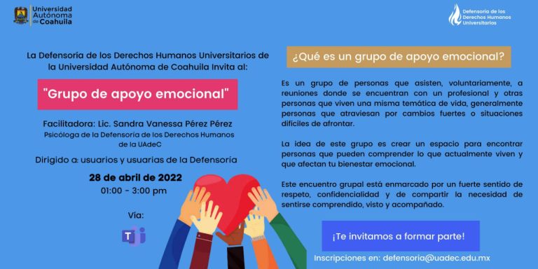 Participa en el “Grupo de apoyo emocional” que realizará la Defensoría de los Derechos Humanos Universitarios