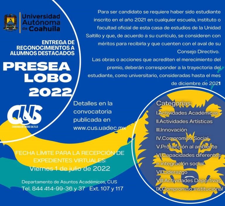 Busca UA de C reconocer a jóvenes universitarios con la Presea Lobo 2022