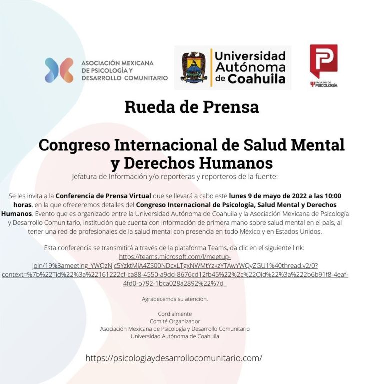 Convocan UAdeC y Asociación de Psicología a participar en Congreso Internacional de Salud Mental y Derechos Humanos