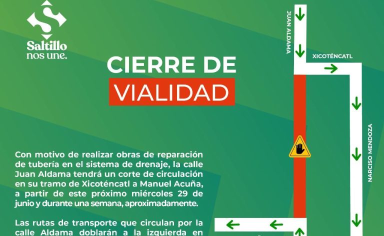 Cerrarán este miércoles tramo de Aldama para reparación de drenaje