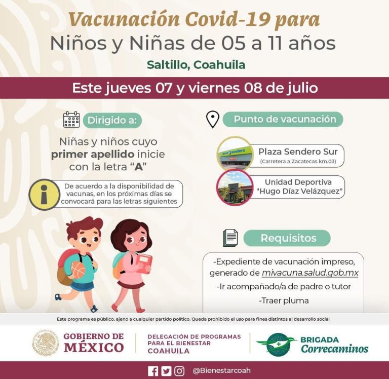 Comenzará este jueves en Saltillo y Ramos Arizpe vacunación antiCovid para niños de 5 a 11 años