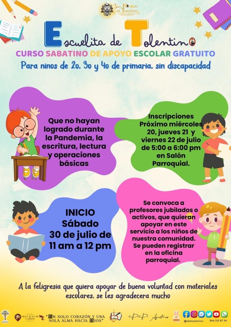 En parroquia San Nicolás de Tolentino invitan a curso sabatino de apoyo escolar gratuito 