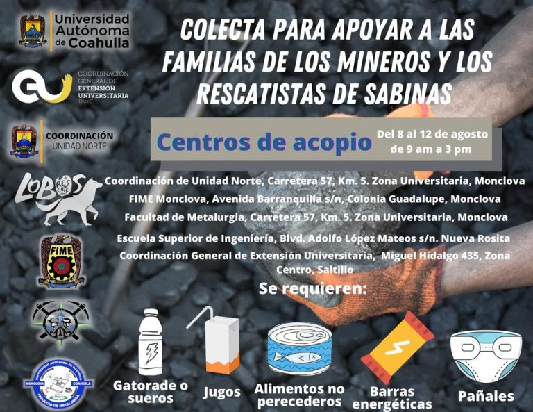 Convoca UA de C a apoyar en el acopio de víveres para familias de mineros y rescatistas de Sabinas