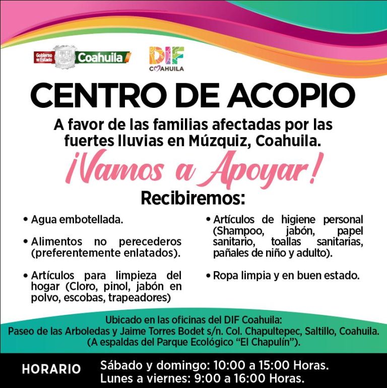 Abre DIF Coahuila centro de acopio a favor de afectados por lluvias en Múzquiz