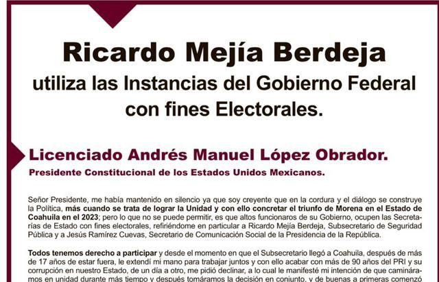 Acusa Guadiana a Mejía Berdeja ante AMLO por campaña de desprestigio en su contra 