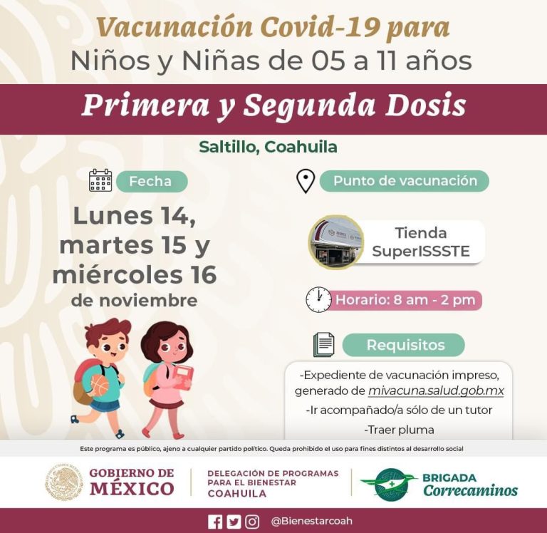 Habrá la próxima semana vacunación anticovid para menores de 5 a 11 años en Saltillo