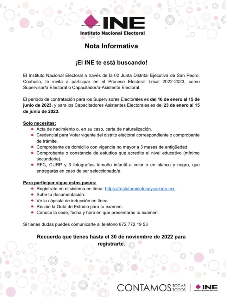 INE en Ramos convoca a participar como supervisor y capacitador para elecciones 2023 