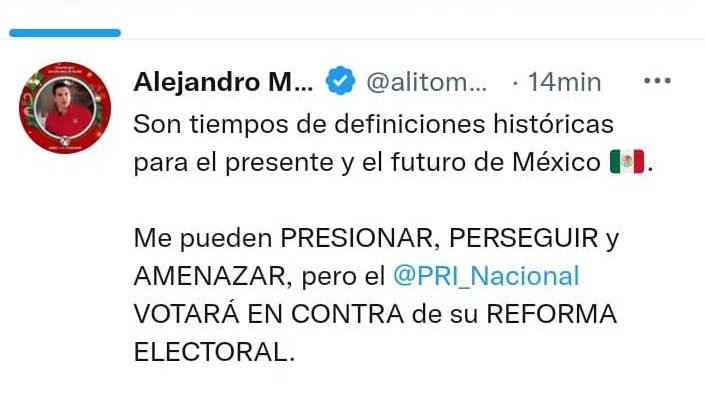 Me pueden perseguir y amenazar, pero el PRI votará en contra de Reforma Electoral: Alejandro Moreno