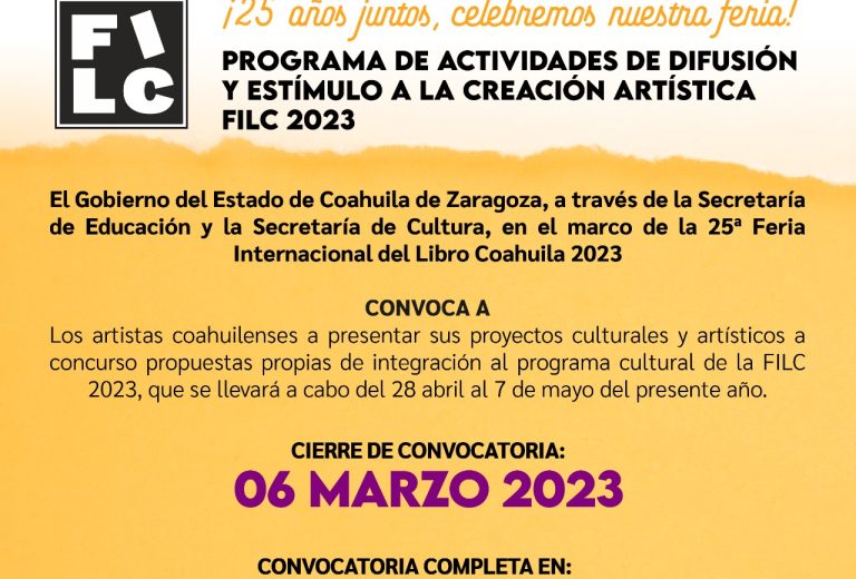 Convoca Coahuila a escritores y artistas a participar en la FILC 2023