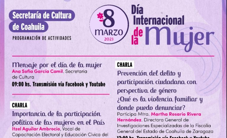 Cultura Coahuila presenta programa de conferencias por el Día Internacional de la Mujer