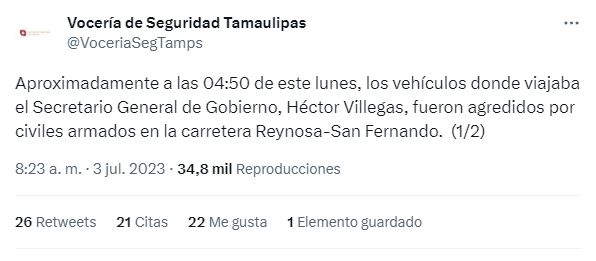 Grupo armado atenta contra el Secretario de gobierno de Tamaulipas