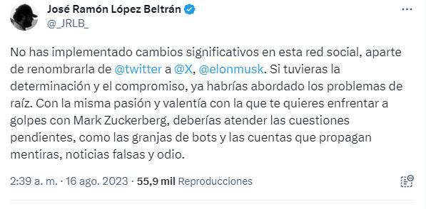 José Ramón López Beltrán reclama a Elon Musk no haber cumplido con la eliminación de bots y fake news en la plataforma ‘X’