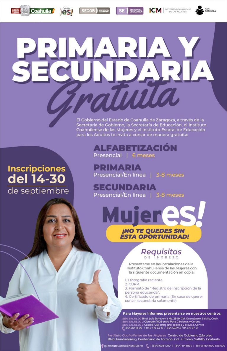 Coahuila abre convocatoria para que mujeres estudien primaria y secundaria gratuitamente