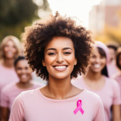 A joyful woman surrounded by friends raising funds at a breast cancer fundraising walk empty space for text