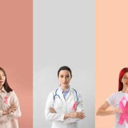 Set of women with pink ribbons on color background. Breast cancer awareness concept