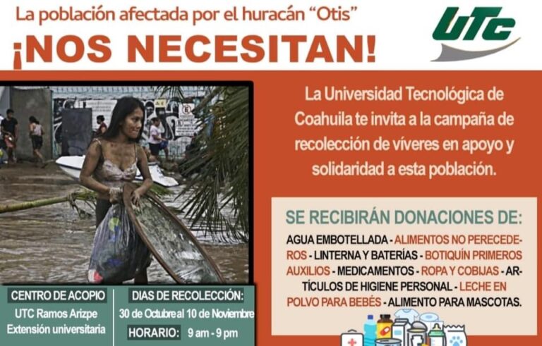 UTC convoca a participar en campaña de recolección de víveres en apoyo a damnificados por el huracán ‘Otis’ 