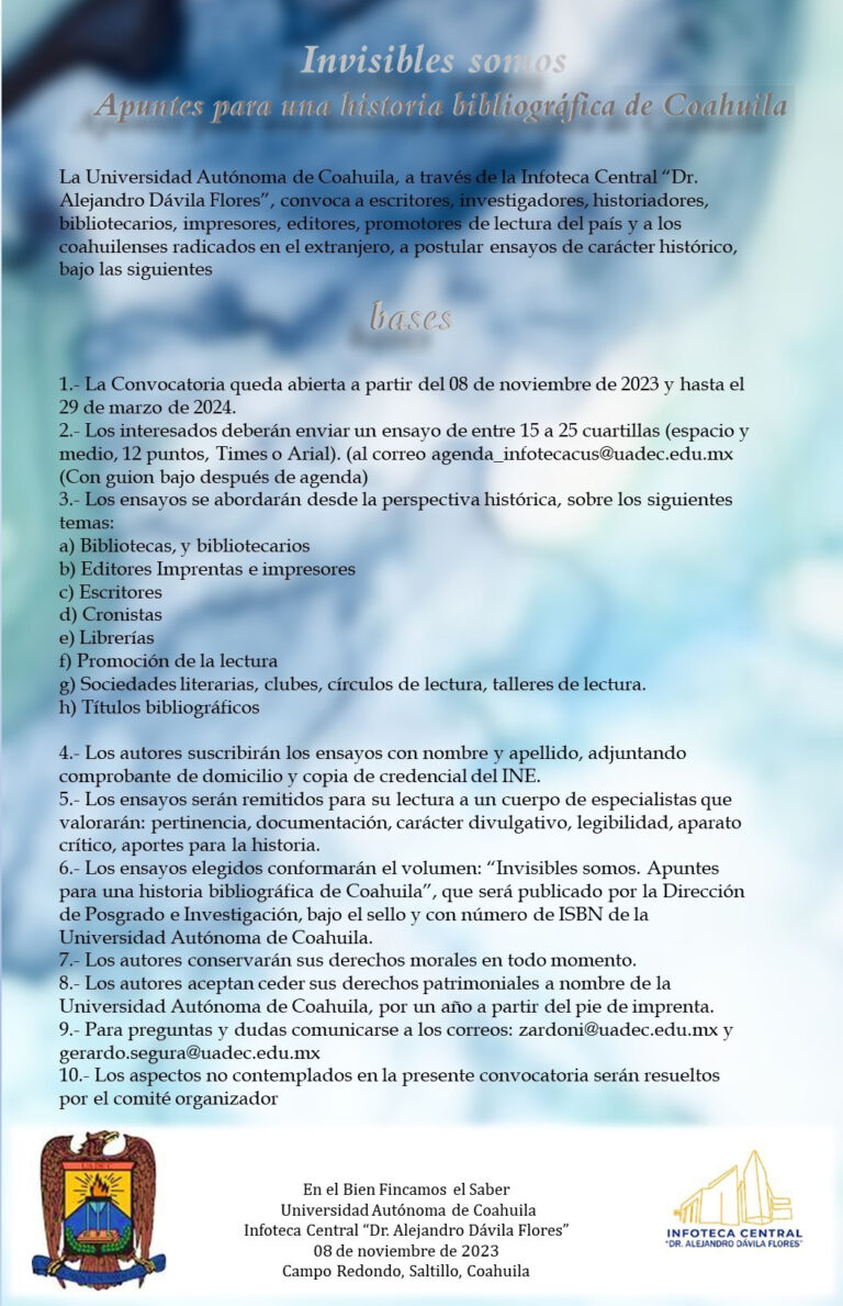 Convoca UA de C a postular ensayos históricos para conformar el volumen “Invisibles somos. Apuntes para una historia bibliográfica de Coahuila”