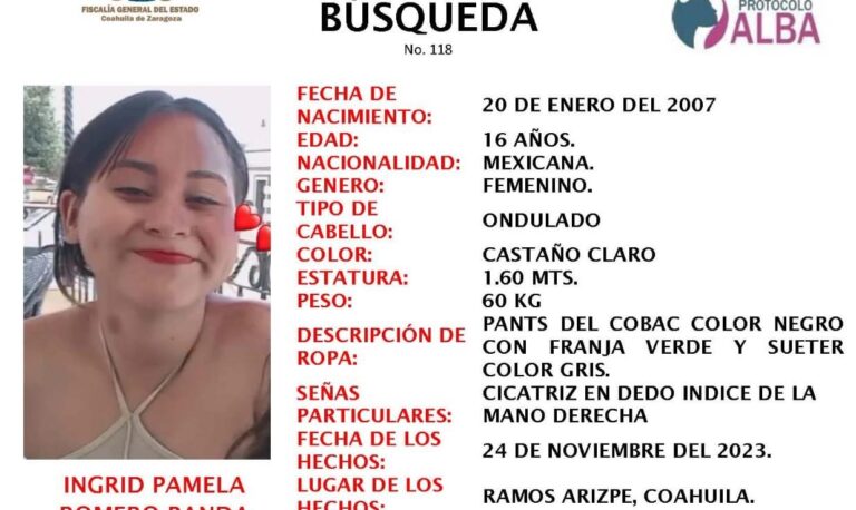 Buscan a menor desaparecida en Ramos Arizpe