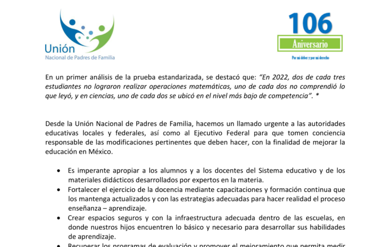 Tras resultados en PISA, exige Unión Nacional de Padres de Familia al Gobierno Federal educación de calidad en México