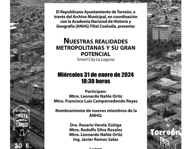 Hablarán sobre metropolización y ciudades inteligentes en el Archivo Municipal de Torreón