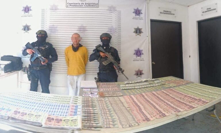 Detiene Comisaría de Seguridad a 3 personas con droga y más de 2 mil billetes apócrifos