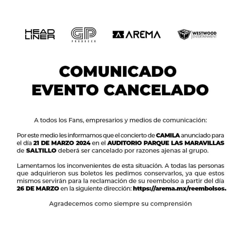 Concierto de Camila en Saltillo será cancelado. Conoce el proceso de reembolso