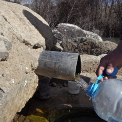 filling bottles with natural spring water in mountain