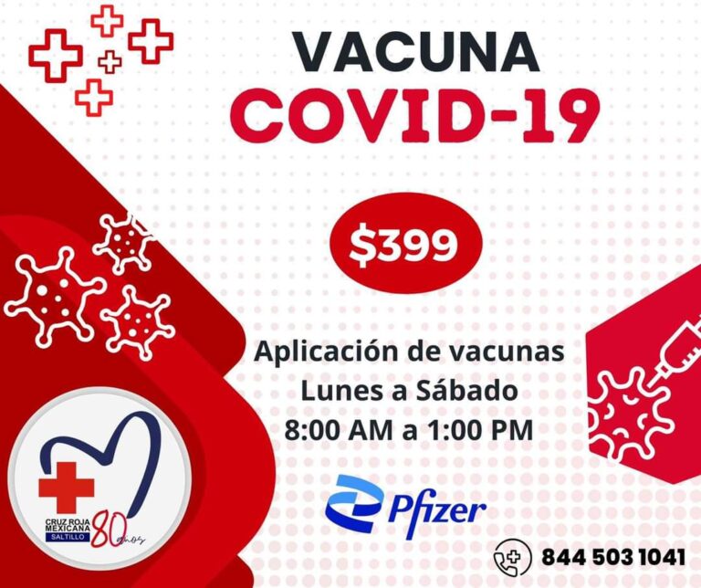 Reduce Cruz Roja Saltillo precio de la vacuna anticovid Pfizer, de 785 a 399 pesos